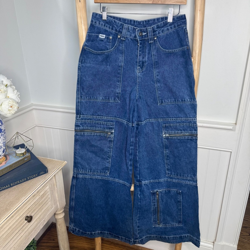 The Ragged Priest Blue Wide Leg Cargo Jeans Utility Streetwear 26